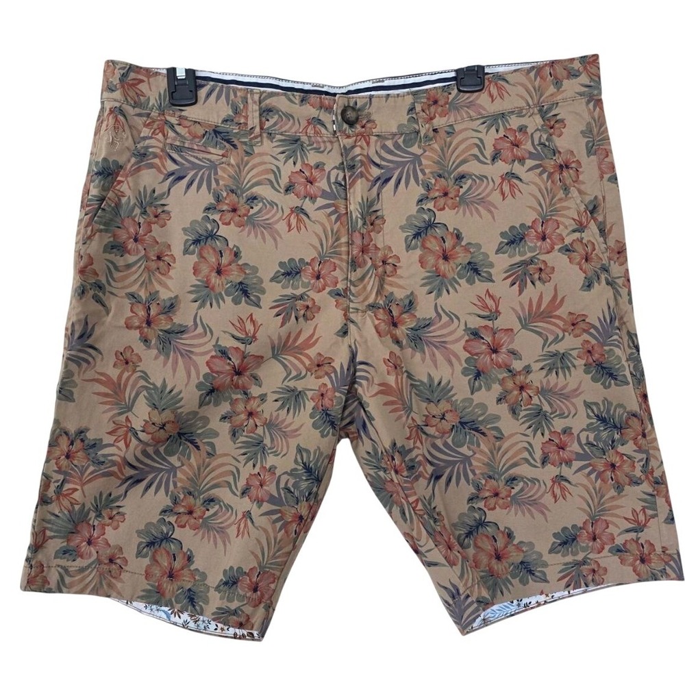 Denim & Flower Ricky Singh Mens‎ 36 Tropical Hibiscus Floral Shorts Tan Summer